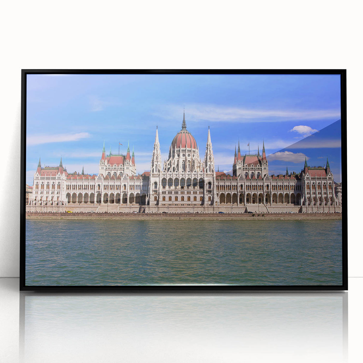 Large abstract wall art featuring a mid-century modernist European scenery in muted earth tones, framed in black acrylic.