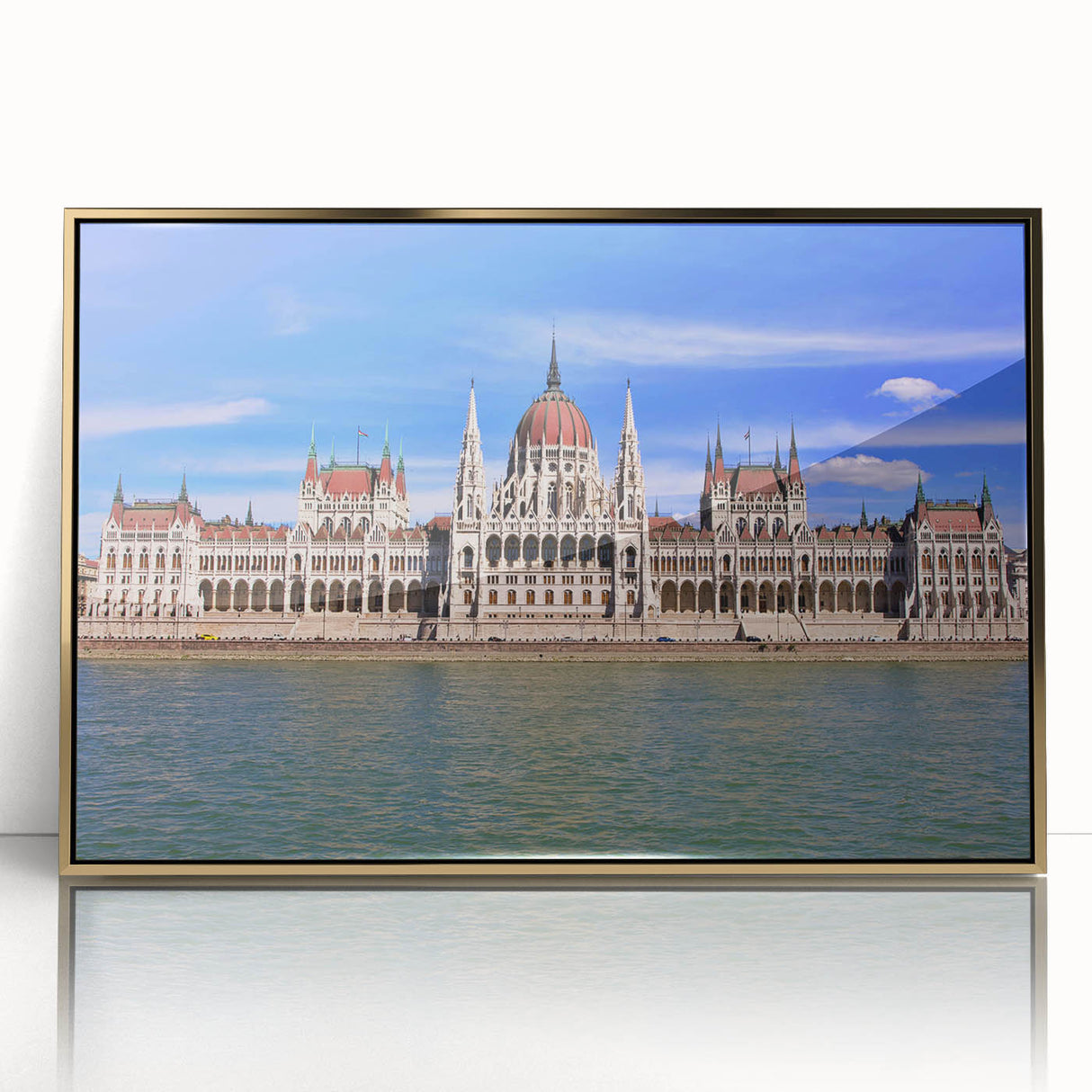 Art Deco poster of a European scenery in Hungary, with a gold-framed acrylic print, suitable for nursery wall art.