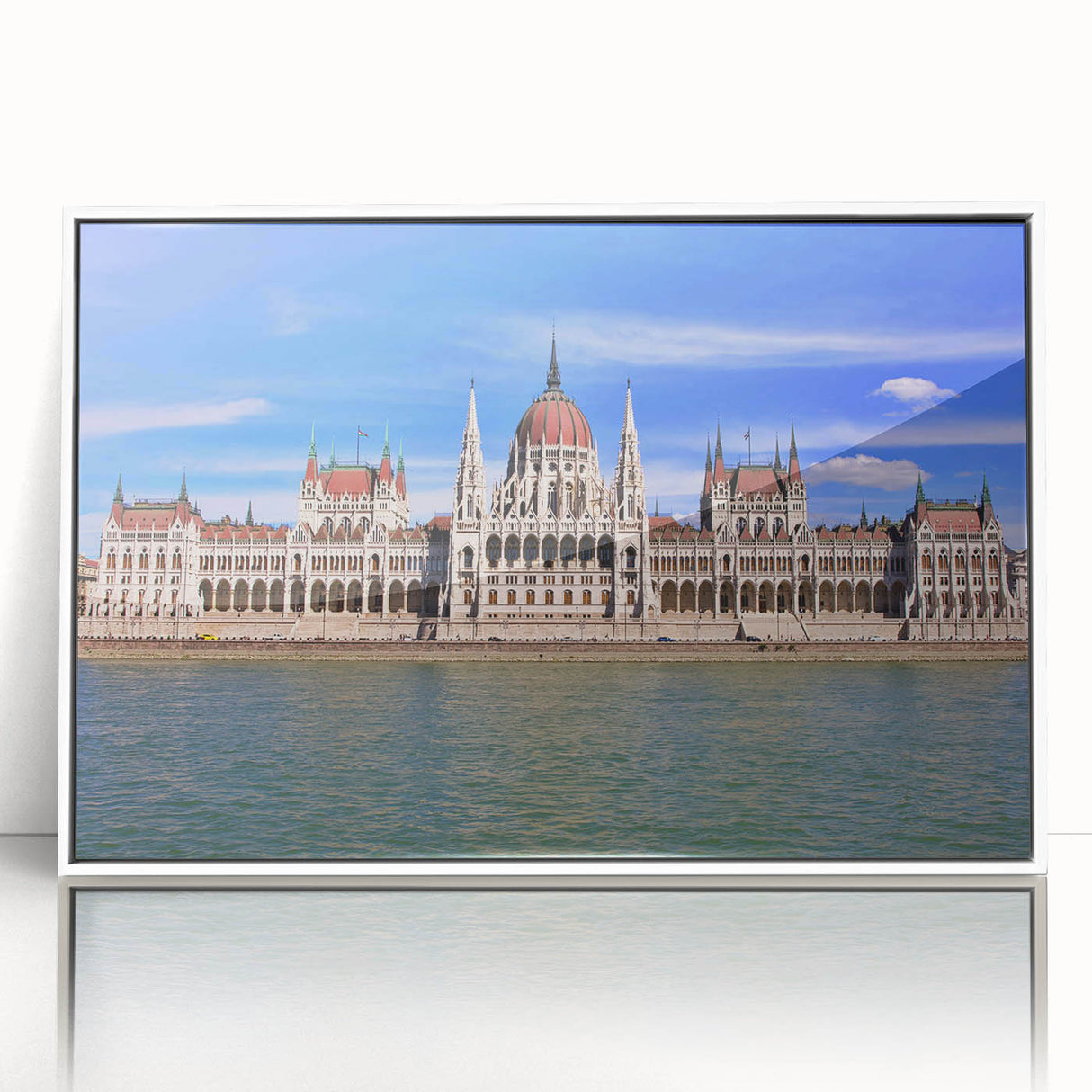 Mid-century modernist art depicting a European scenery in Hungary, with muted earth tones on a framed acrylic.