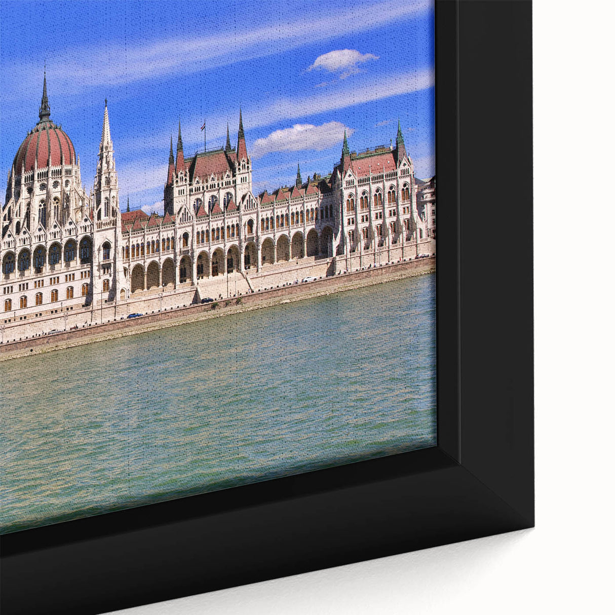 Extra large black wall art depicting a textured Hungarian cityscape in vibrant colors on framed canvas.