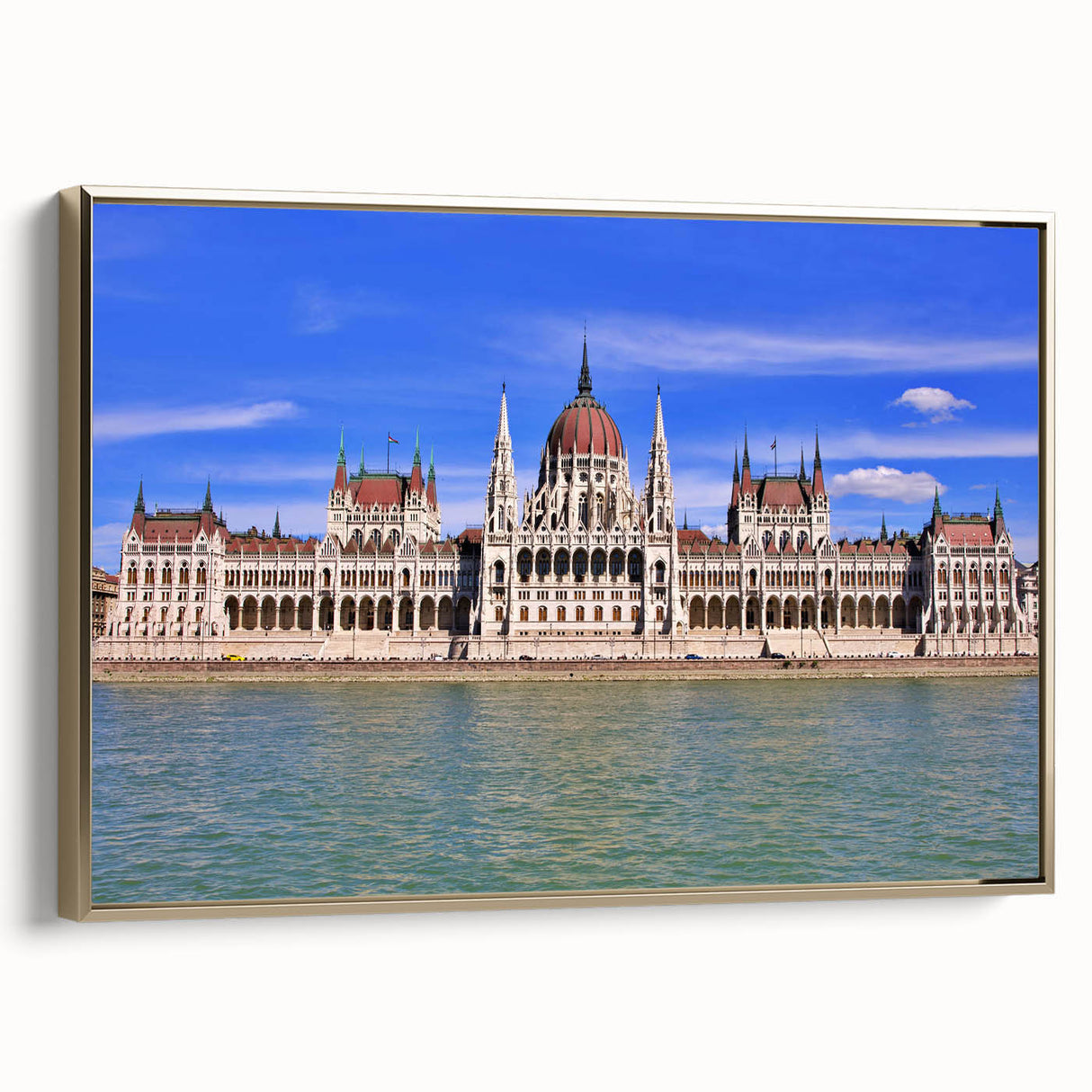 Framed canvas featuring a vintage-style landscape painting of a Hungarian scenery, with muted earth tones.