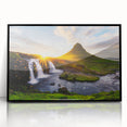 Large abstract wall art depicting a serene Icelandic landscape in muted gray and blue tones, framed in black acrylic.