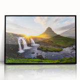 Large abstract wall art depicting a serene Icelandic landscape in muted gray and blue tones, framed in black acrylic.