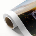 Art deco poster of an Icelandic landscape in muted blue and green tones on rolled canvas, ideal for nursery wall art.