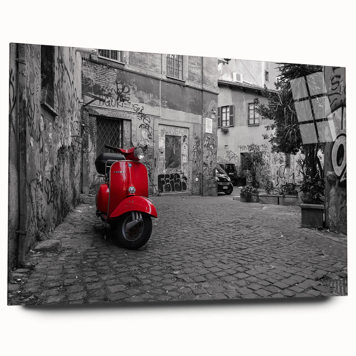 Acrylic print of Rome's cityscape featuring large abstract design in muted earth tones, ideal for bedroom or dining room art.