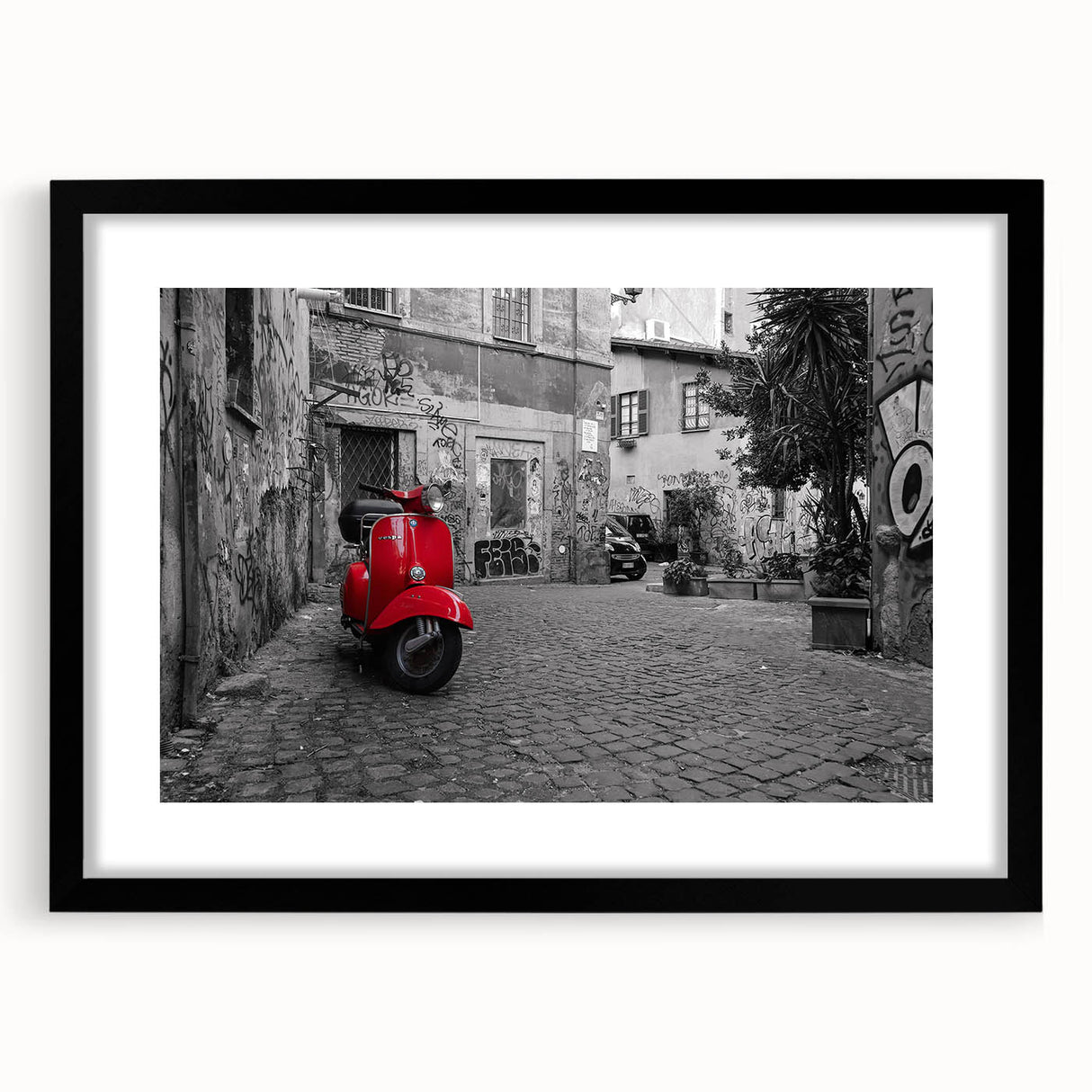 Extra large framed wall art depicting a colorful abstract rendition of Rome with a textured finish.