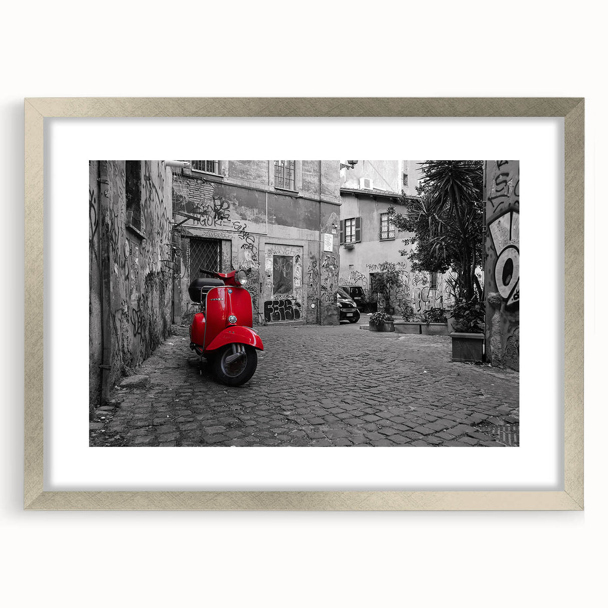 Extra large wall art depicting an abstract textured print of Rome scenery in muted earth tones, framed in silver.
