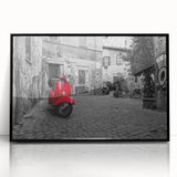 Large abstract wall art depicting a European cityscape in muted earth tones, framed in black acrylic.