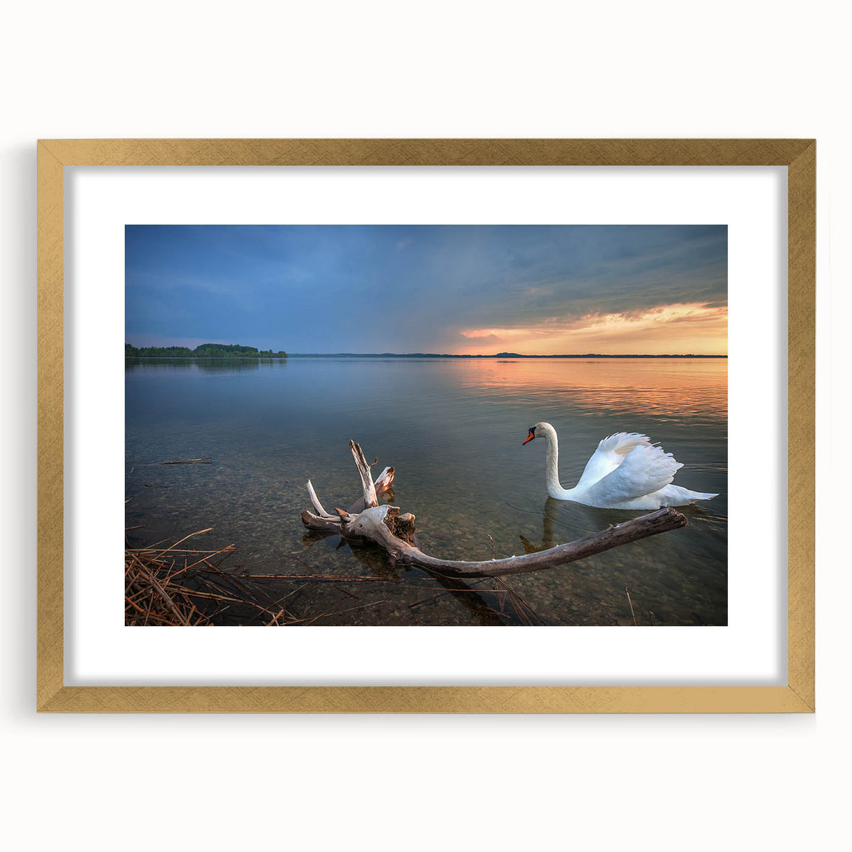 Abstract art print featuring a blurred European scenery in muted earth tones, framed in gold, ideal for dining room decor.