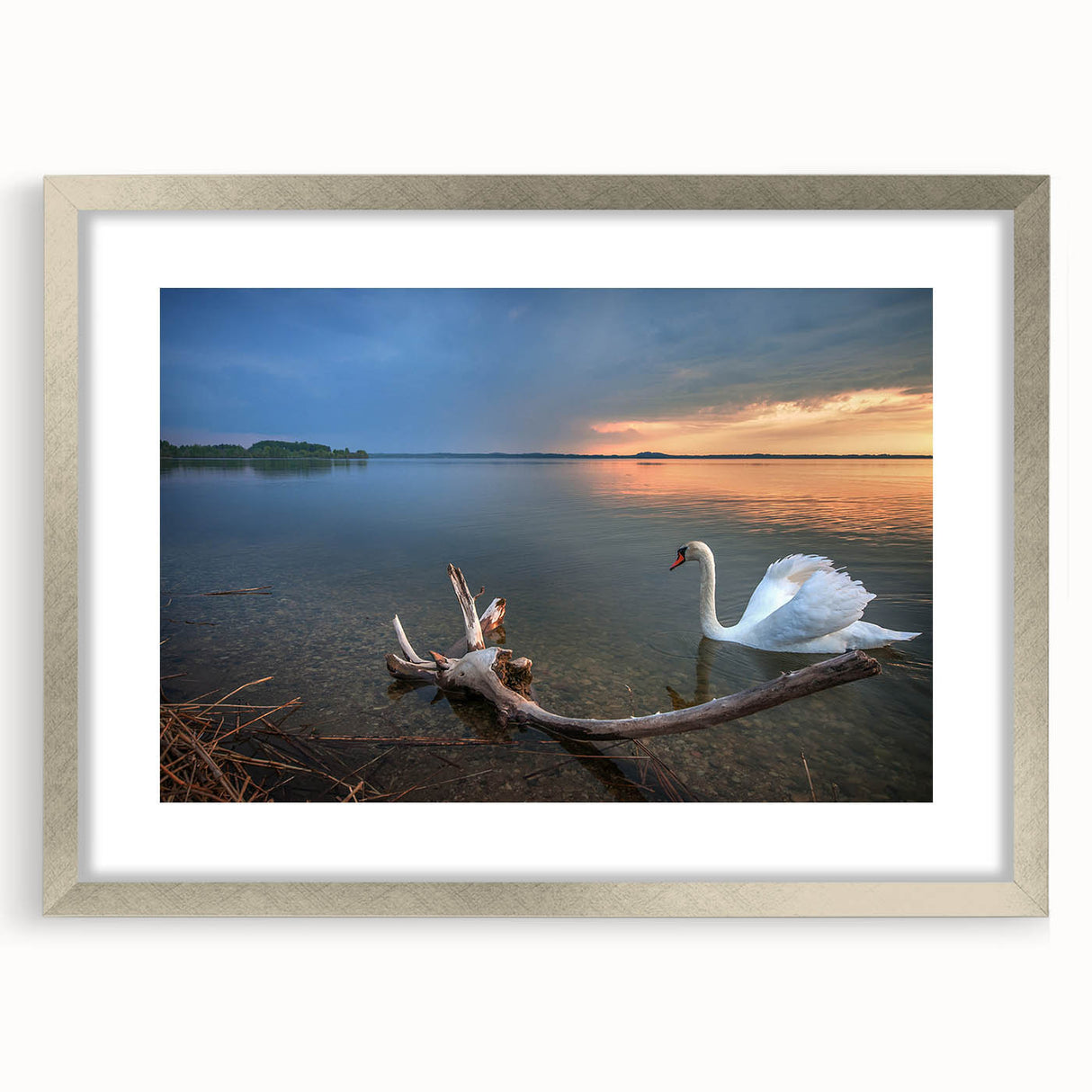 Extra large abstract art print of a textured European landscape in muted earth tones, framed in silver.