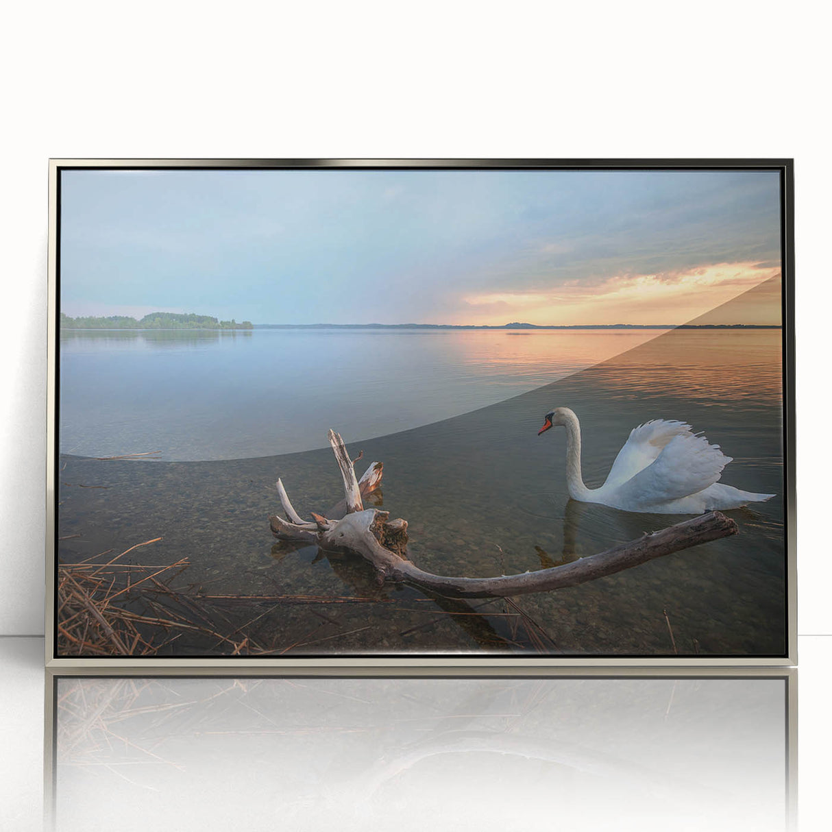 Large art print of a European landscape in Latvia, featuring muted green and blue tones on a silver-framed acrylic.