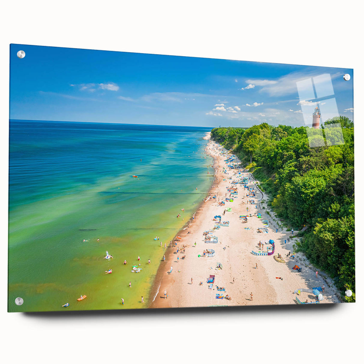 Large abstract wall art of a European scenery in vibrant blues and greens on acrylic glass.