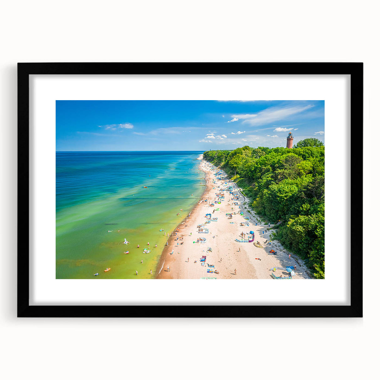 Colorful abstract art print of European scenery on a textured, extra large canvas, framed in black.