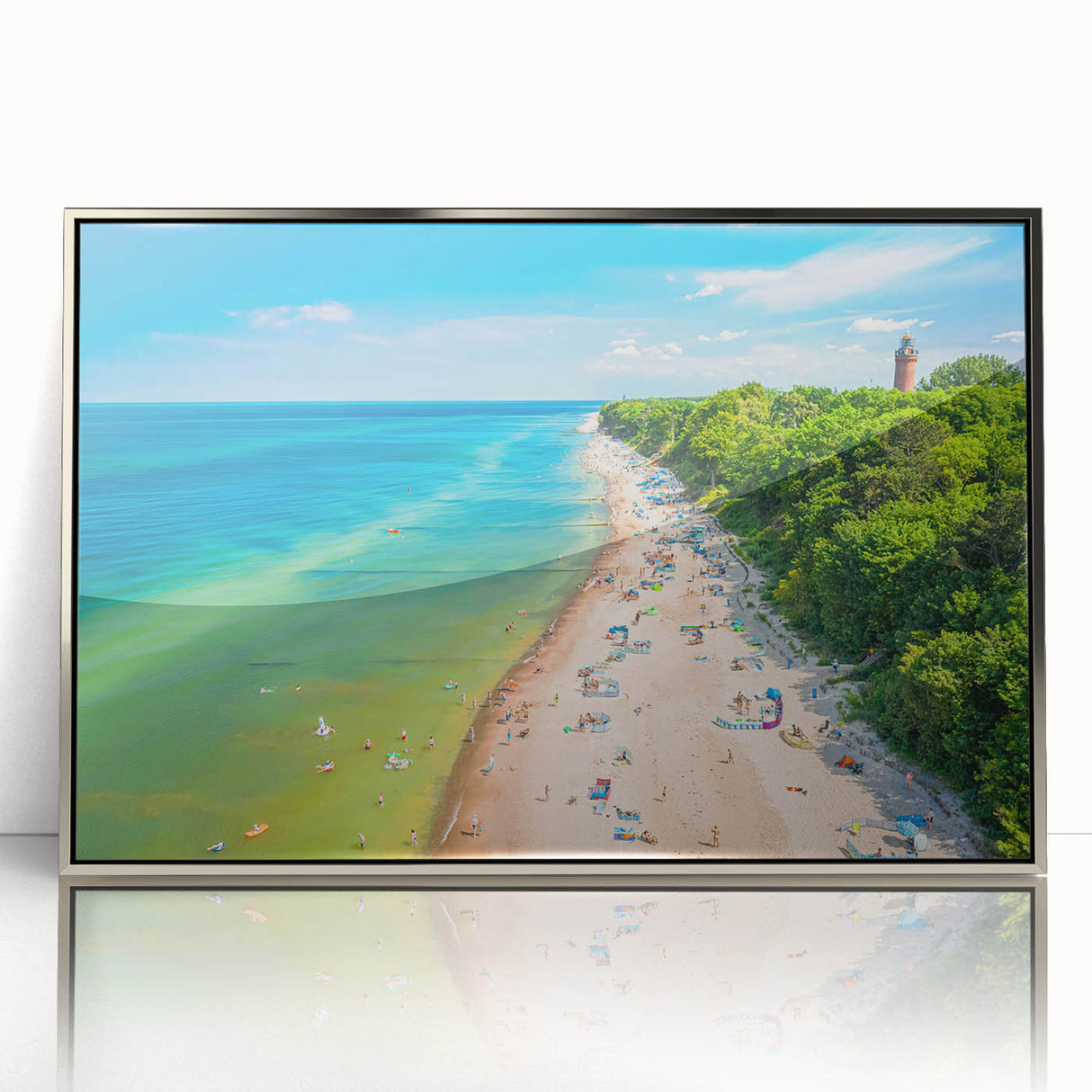 Large art print of a European scenery in Poland, muted colors on silver-framed acrylic, suitable for modern nursery decor.
