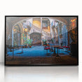 Large abstract wall art of Barcelona's cityscape in muted gray tones on a framed acrylic, ideal for modern living room decor.