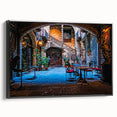 Black and white vintage poster art of Barcelona landscape on framed canvas, ideal for bedroom wall decor.