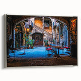 Landscape art painting of Barcelona skyline in colorful hues on a silver-framed canvas, ideal for living room decor.