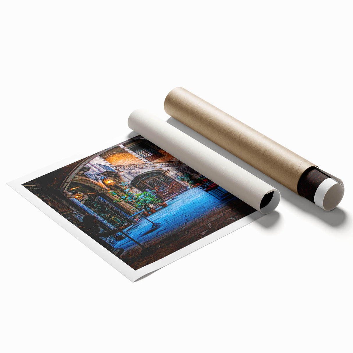 Extra large rolled print of Barcelona scenery with vibrant floral elements, ideal for classy bathroom wall art.