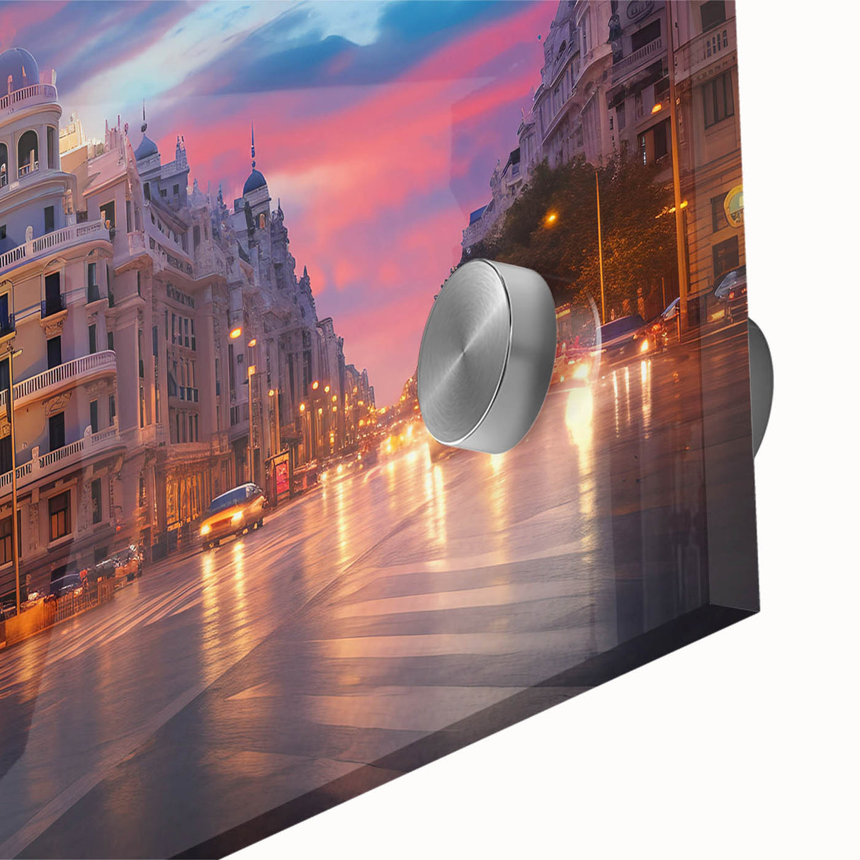 Large abstract wall art of Madrid scenery in muted earth tones on acrylic glass, suitable for dining room ambiance.