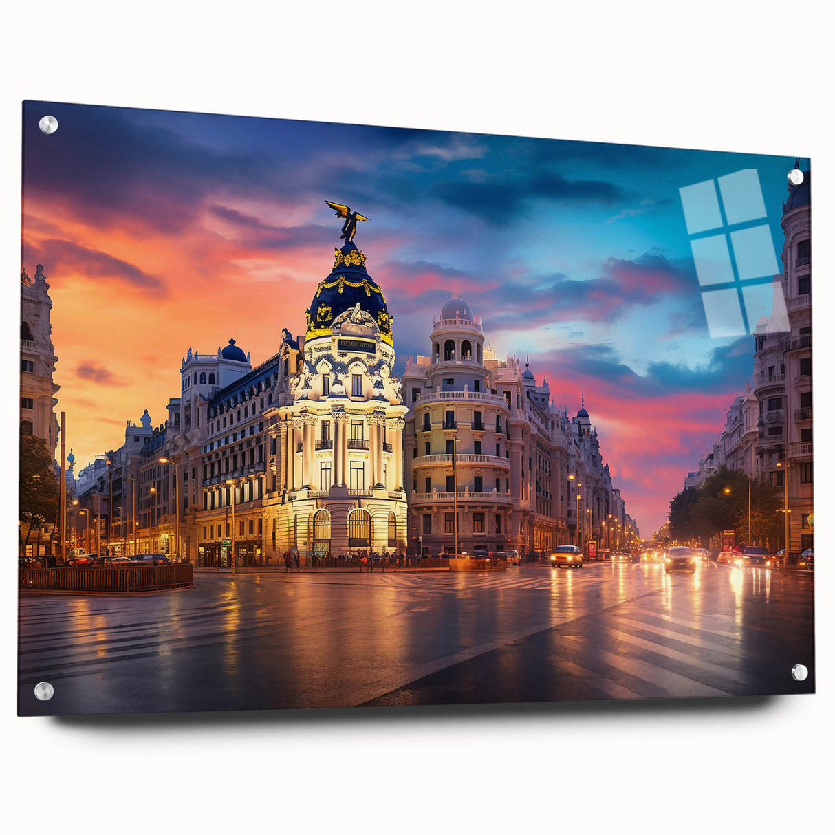 Acrylic print of Madrid skyline in muted earth tones, ideal for dining room decor.