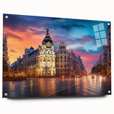 Acrylic print of Madrid skyline in muted earth tones, ideal for dining room decor.