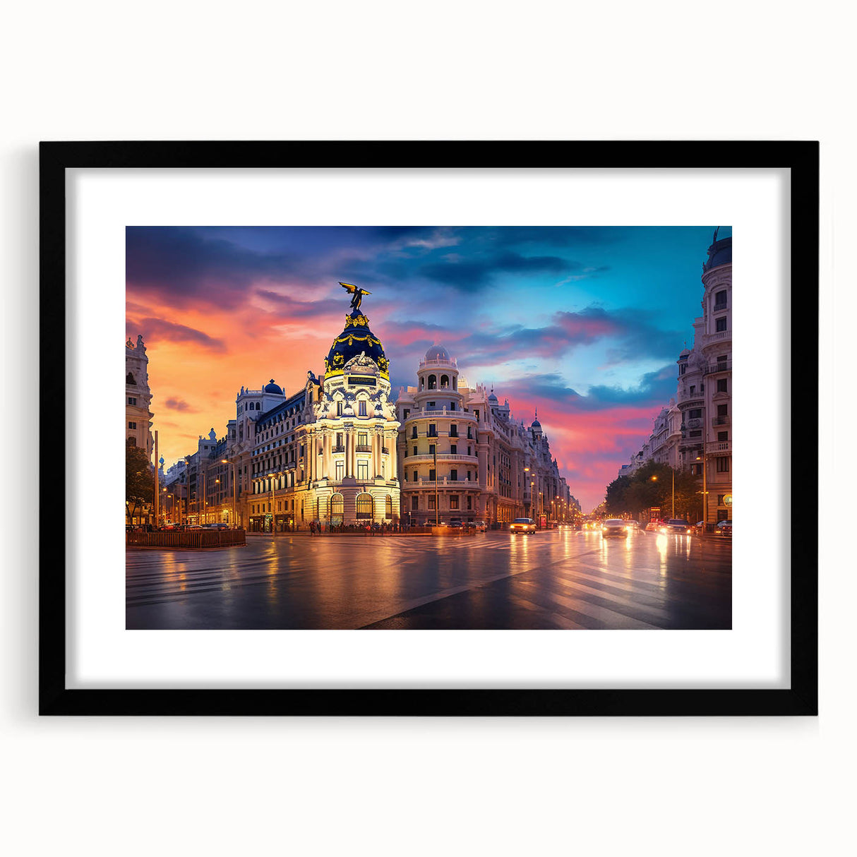 Colorful abstract art print of Madrid scenery in vibrant hues on a large textured canvas, framed in black.
