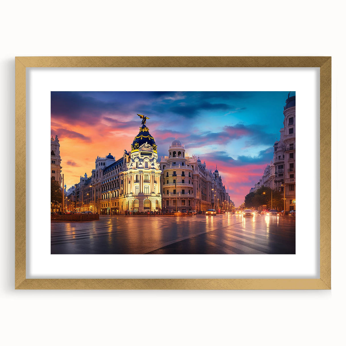 Extra large abstract art print featuring a textured depiction of Madrid's cityscape in earthy tones, framed in gold.