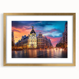 Extra large abstract art print featuring a textured depiction of Madrid's cityscape in earthy tones, framed in gold.