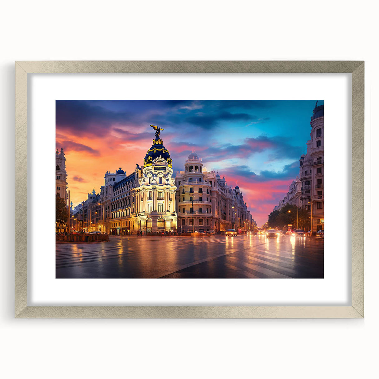 Textured abstract art print of Madrid skyline in muted earth tones on a framed canvas, suitable for bedroom decor.