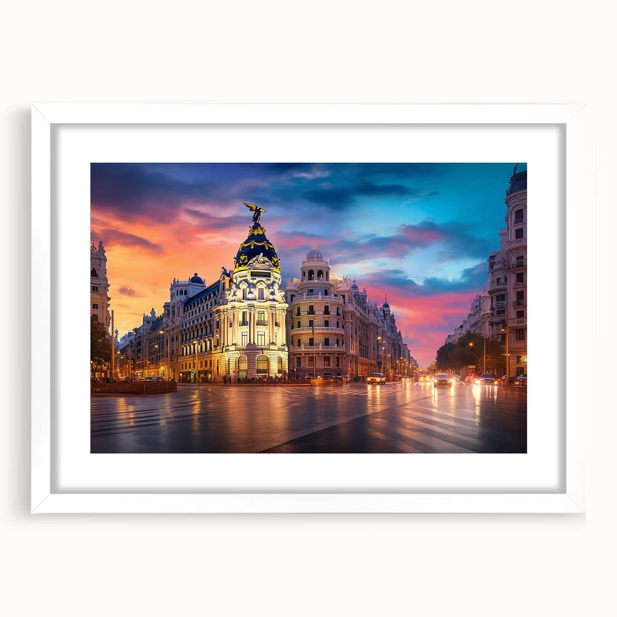 Abstract art print of Madrid scenery in muted earth tones on a framed white canvas, suitable for dining room decor.