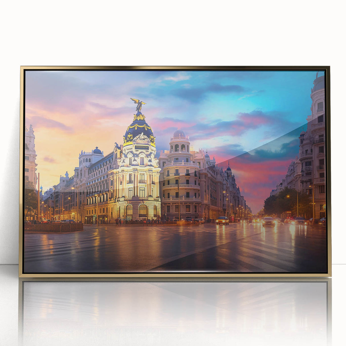 Large art print of Madrid cityscape in gold frame, acrylic, with a mid-century modernist style, suitable for modern decor.