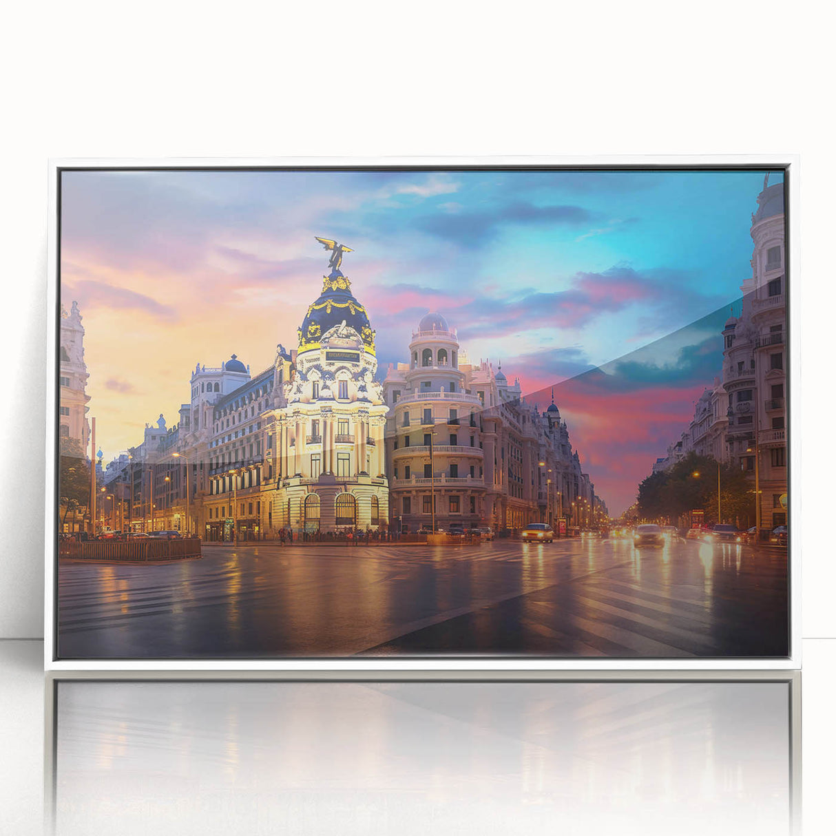 Art Deco style poster of Madrid skyline in muted tones on framed acrylic, ideal for modern art wall decor.