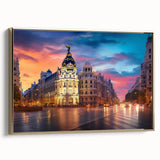 Framed canvas depicting a vintage-style Madrid landscape in muted gold and black tones, ideal for bedroom wall art.