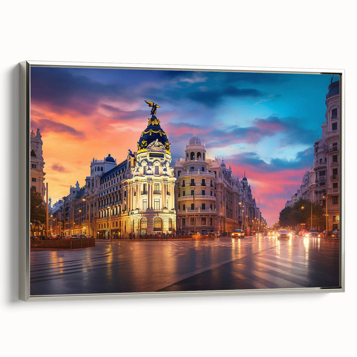 Framed canvas landscape art paintings featuring a vintage Madrid scene in vibrant colors on a black background.