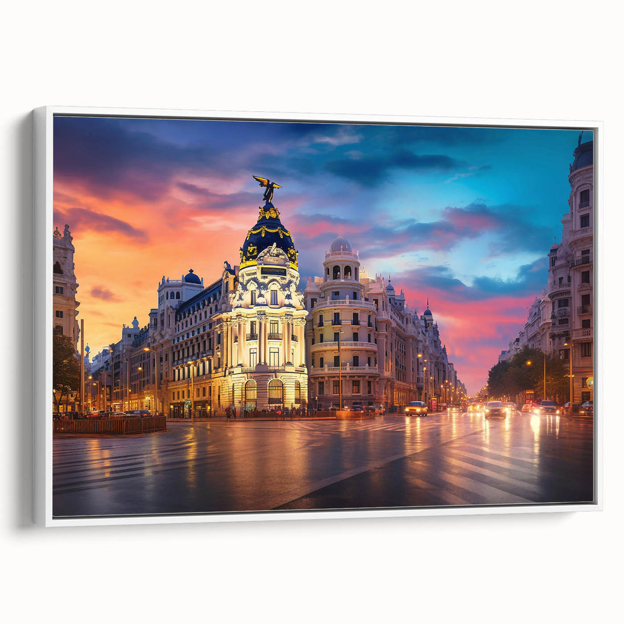 Vintage poster art of Madrid scenery on extra large framed canvas with vibrant color palette, ideal for living room decor.
