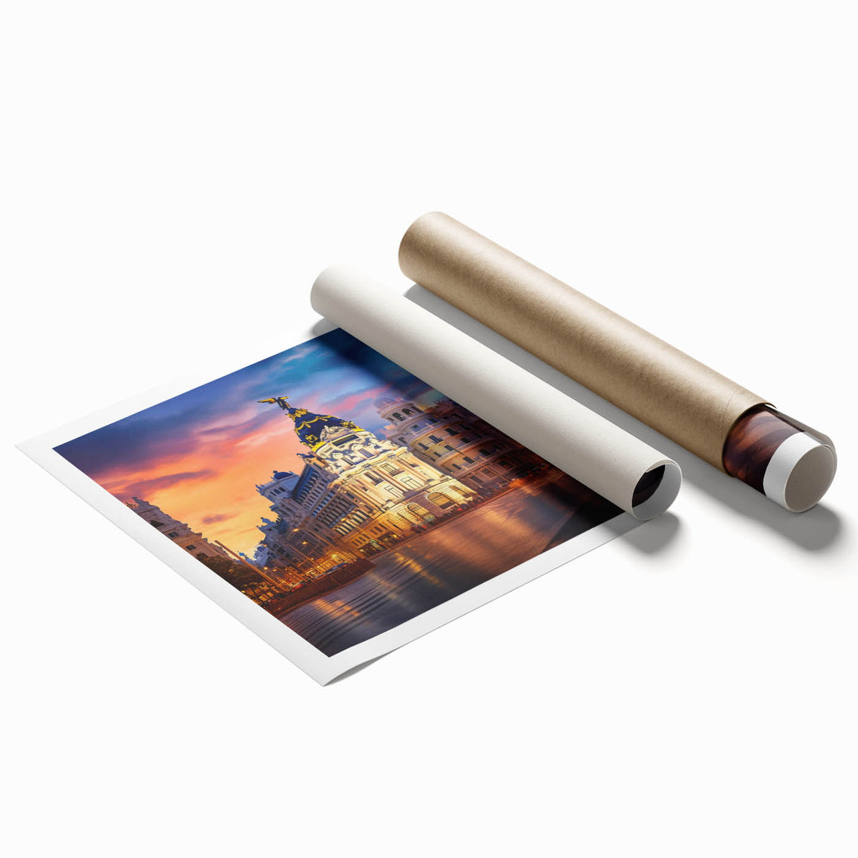 Extra large rolled print of Madrid scenery with vibrant floral elements, ideal for classy bathroom wall art.