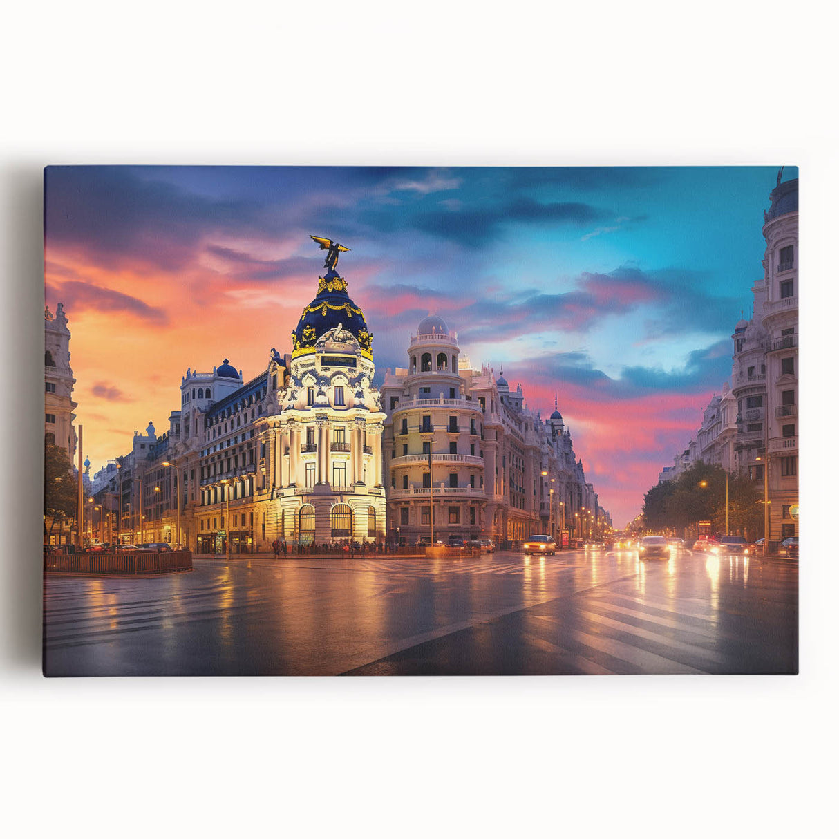 Black and white photo of Madrid skyline on stretched canvas, suitable as large kitchen wall art.