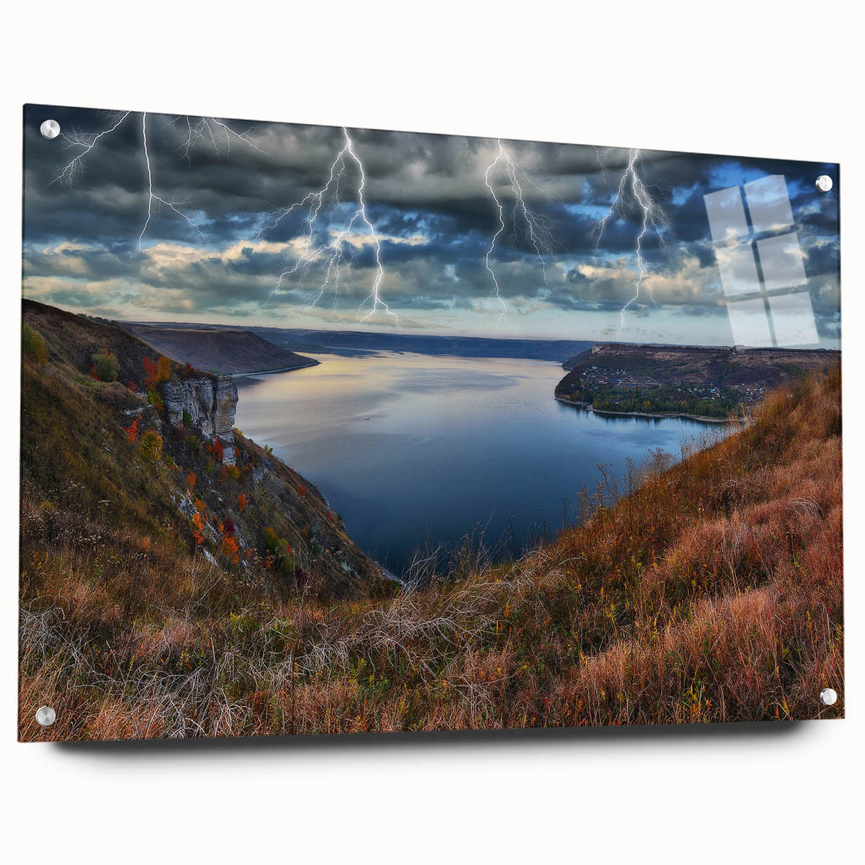 Large abstract wall art depicting vibrant European scenery on acrylic glass, ideal for dining room ambiance.