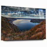 Large abstract wall art depicting a serene Ukrainian landscape in muted earth tones on acrylic glass.