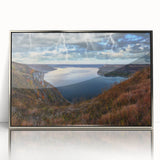 Mid-century modernist art depicting a serene European landscape in muted earth tones on a framed acrylic print.