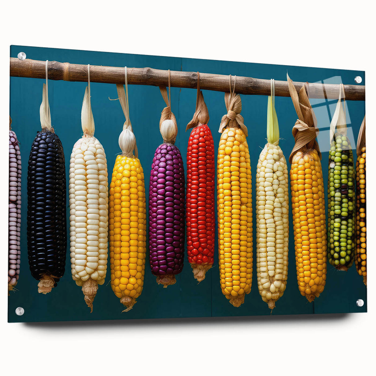 Large abstract wall art of Oaxaca scenery in vibrant colors on acrylic glass, suitable for bedroom or dining room decor.