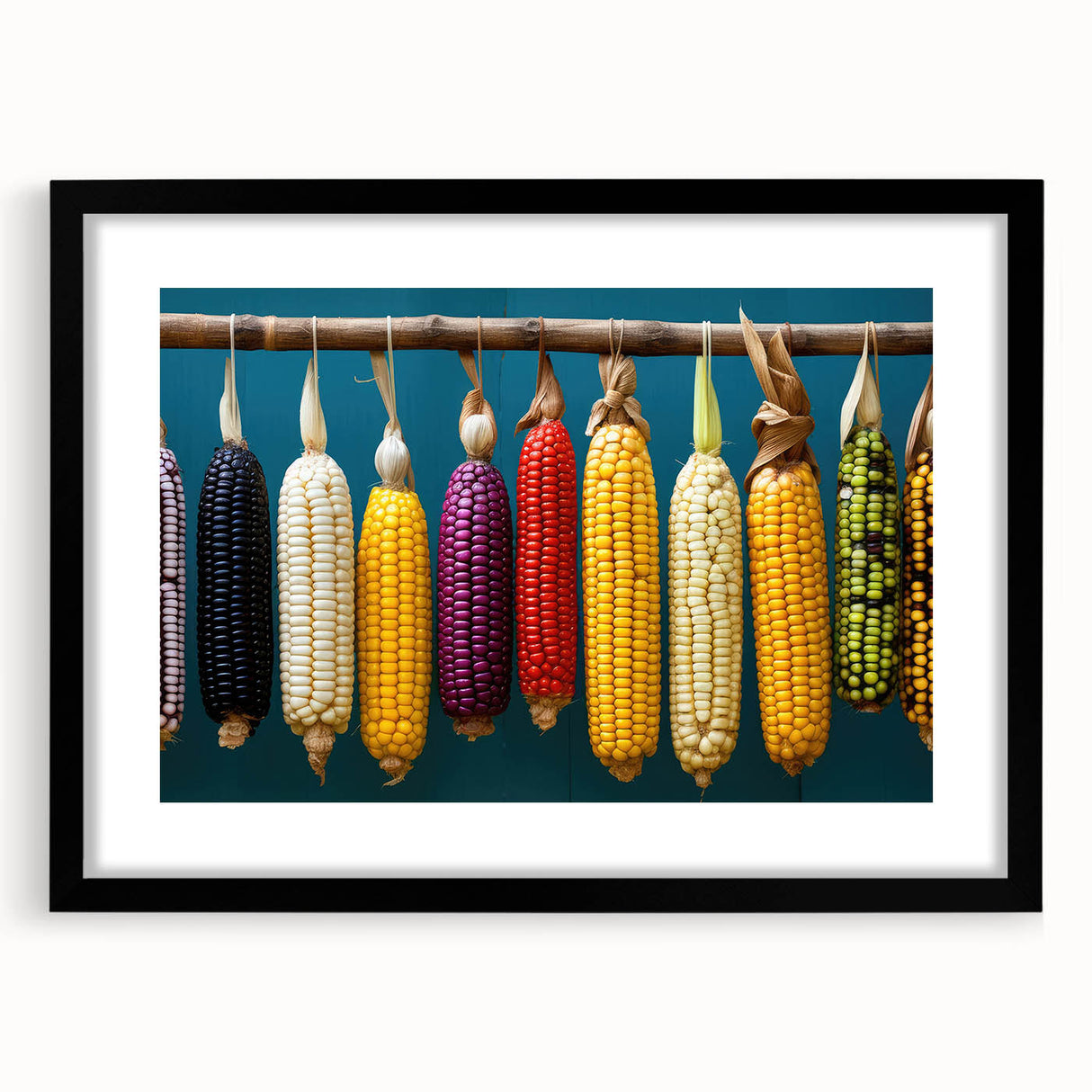 Extra large abstract art print featuring colorful, textured scenery of Oaxaca, in a black frame, ideal for living room decor.