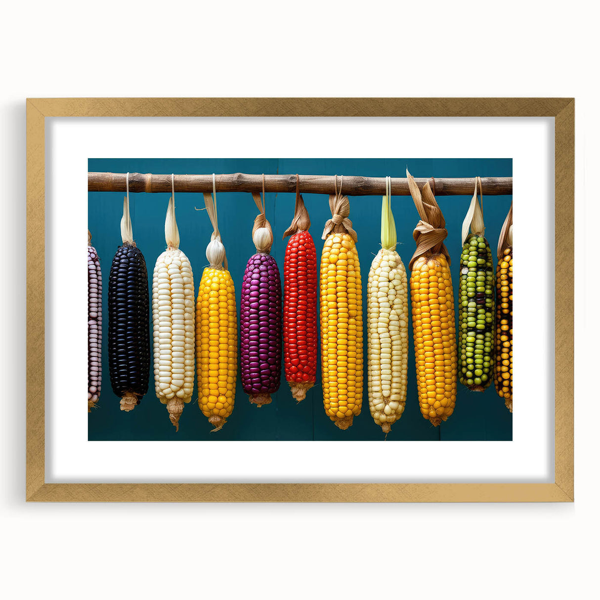 Extra large abstract art print of Oaxaca scenery in textured gold frame, ideal for living room decor.