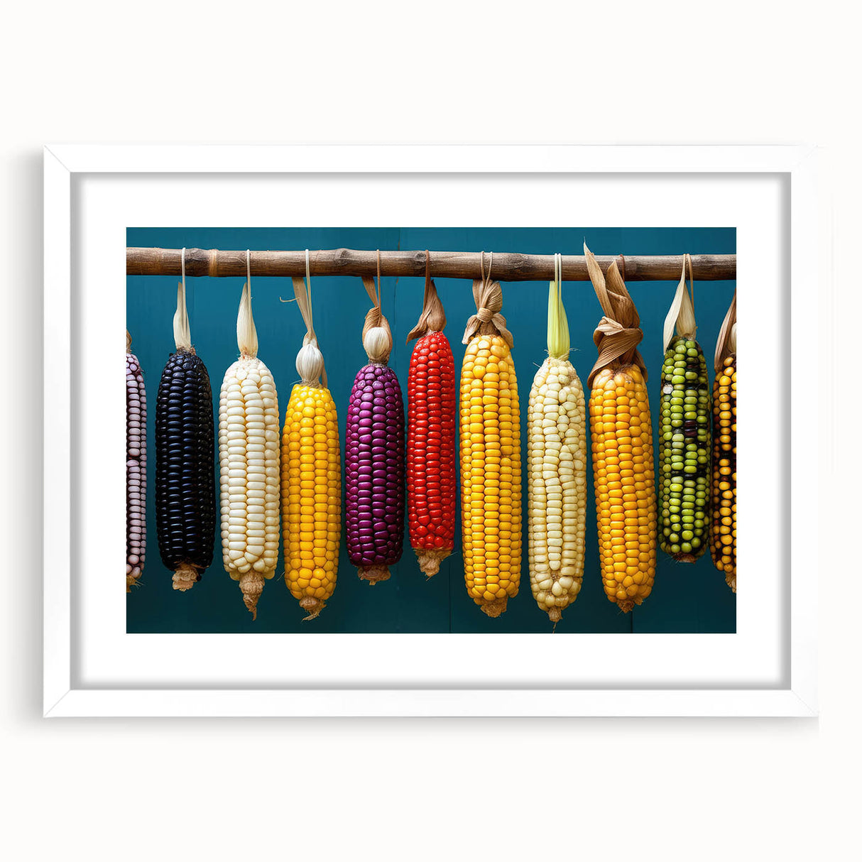 Abstract art print of Oaxaca scenery in muted earth tones on a white framed canvas, suitable for dining room decor.