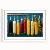 Abstract art print of Oaxaca scenery in muted earth tones on a white framed canvas, suitable for dining room decor.