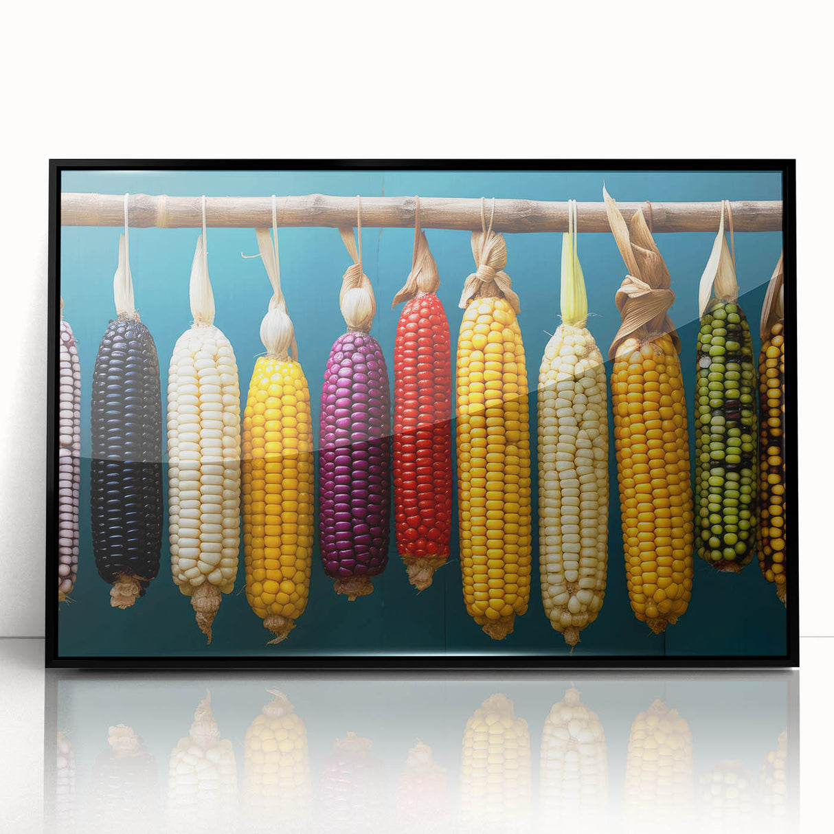 Large abstract wall art depicting a vibrant Oaxaca, Mexico scenery in mid-century modernist style, framed in black acrylic.