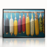 Large abstract wall art depicting a vibrant Oaxaca, Mexico scenery in mid-century modernist style, framed in black acrylic.