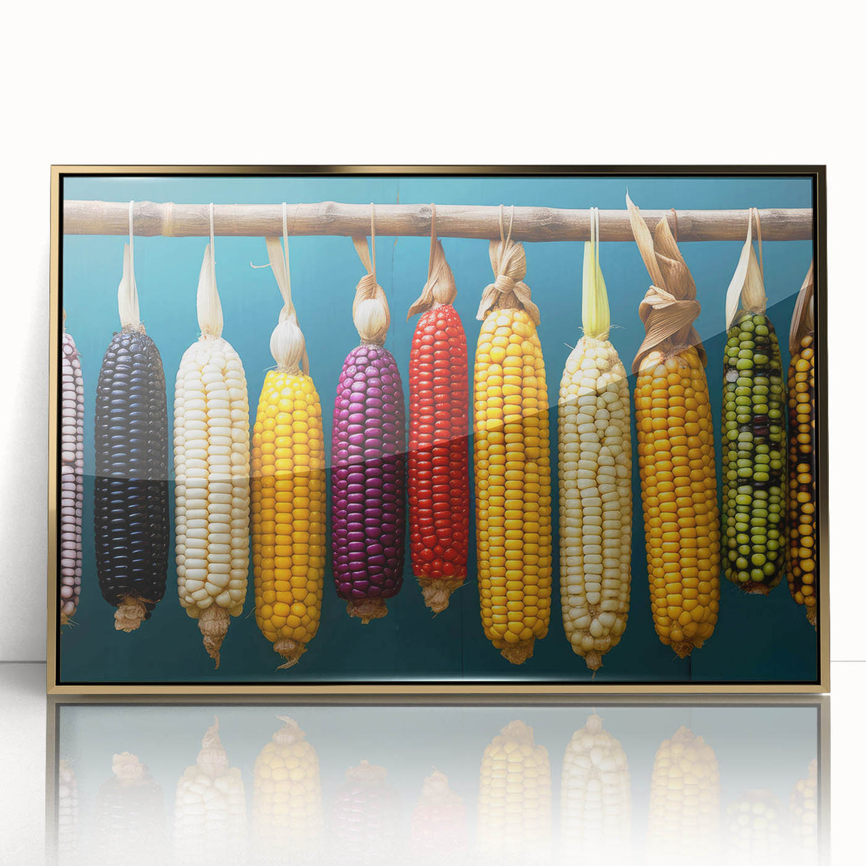 Large art print of Oaxaca scenery in Mexico on framed acrylic, featuring mid-century modernist style and gold hues.