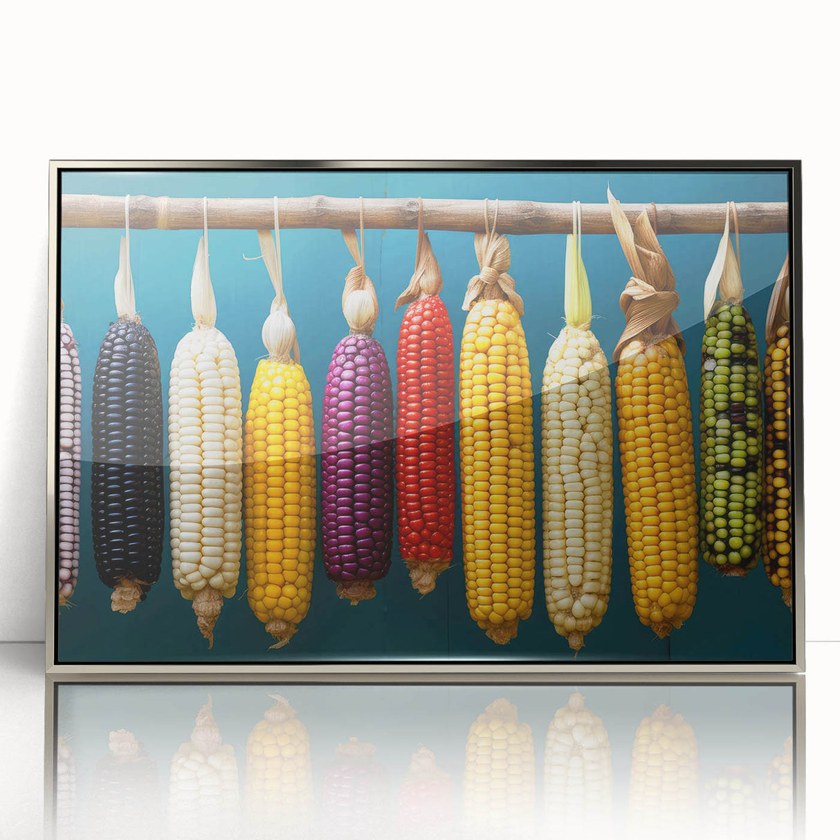 Mid-century modernist art depicting Oaxaca scenery in silver framed acrylic, with vibrant earth tones.
