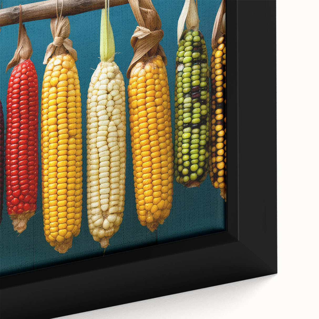 Framed canvas featuring a textured, colorful depiction of Oaxaca scenery on a black background, ideal for living room decor.